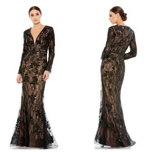Mac Duggal Embellished Plunge Neck Trumpet Gown Black Nude SZ 14 NWT